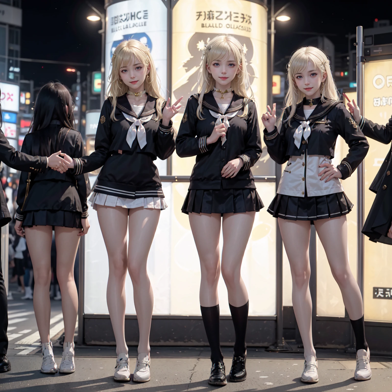 masterpiece, top-quality, top-quality, Beautifully Aesthetic:1.2, ((3 girls)), 
((Middle girl is Wearing a high-quality black sailor collar, micro ):1.2), high detailed, 
((Left girl is Wearing a high-quality black sailor uniform, micro ):1.2), high detailed, 
((Right girl is Wearing a high-quality black sailor collar, micro ):1.2), high detailed, 
(Three girls are standing side by side in a neat line:1.3), large breasts, firm breast, nicely shaped breasts, slender figure, 
(((Bleached gold Hair))), wavy hair, (short hair:1.2), 
((At the middle of most crowded Shibuya Scramble Crossing at late night:1.2)), ((Surrounded by many women dancing for Three girls)), (Full body shot:1.1), (Looking at viewer), women only