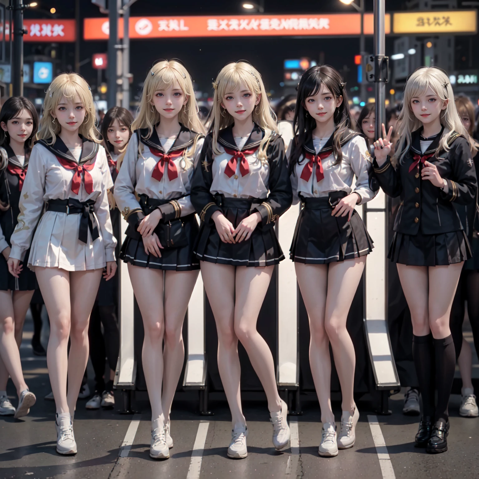 masterpiece, top-quality, top-quality, Beautifully Aesthetic:1.2, ((3 girls)),
((Middle girl is Wearing a high-quality black sailor collar, micro miniskirt):1.2), high detailed,
((Left girl is Wearing a high-quality black sailor uniform, micro miniskirt):1.2), high detailed,
((Right girl is Wearing a high-quality black sailor collar, micro miniskirt):1.2), high detailed,
(Three girls are standing side by side in a neat line:1.3), large breasts, firm breast, nicely shaped breasts, slender figure,
(((Bleached gold Hair))), wavy hair, (short hair:1.2),
((At the middle of most crowded Shibuya Scramble Crossing at late night:1.2)), ((Surrounded by many women dancing for Three girls)), (Full body shot:1.1), (Looking at viewer), women only