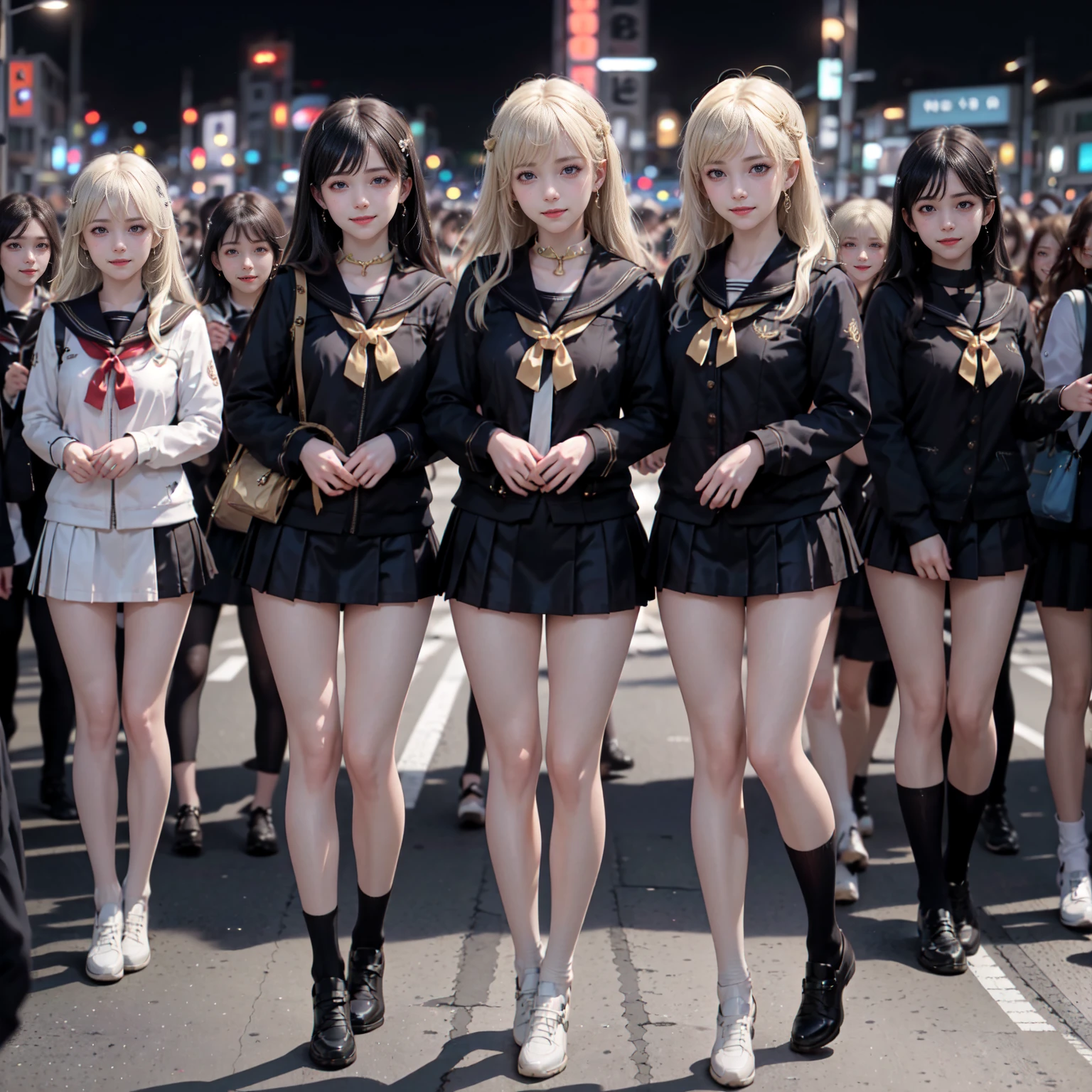 masterpiece, top-quality, top-quality, Beautifully Aesthetic:1.2, ((3 girls)),
((Middle girl is Wearing a high-quality black sailor collar, micro miniskirt):1.2), high detailed,
((Left girl is Wearing a high-quality black sailor uniform, micro miniskirt):1.2), high detailed,
((Right girl is Wearing a high-quality black sailor collar, micro miniskirt):1.2), high detailed,
(Three girls are standing side by side in a neat line:1.3), large breasts, firm breast, nicely shaped breasts, slender figure,
(((Bleached gold Hair))), wavy hair, (short hair:1.2),
((At the middle of most crowded Shibuya Scramble Crossing at late night:1.2)), ((Surrounded by many women dancing for Three girls)), (Full body shot:1.1), (Looking at viewer), women only