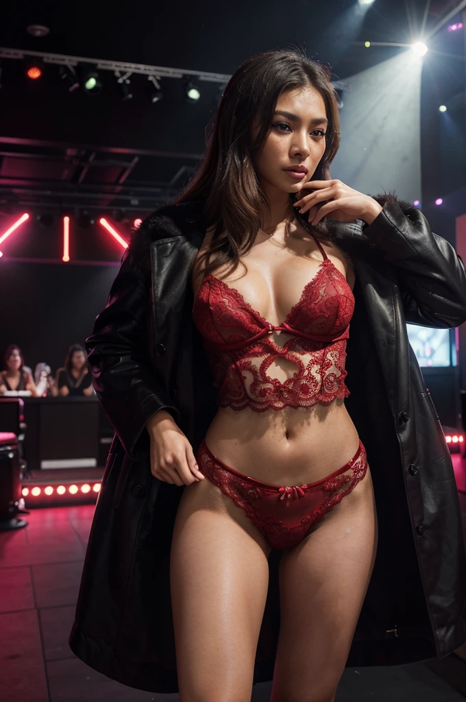 “Develop an HD Ultra Realistic 8K image of Young Attractive Asian Woman Sophie Tan as a ???? action woman inspired by a Grand Theft Auto nightclub queen. She is wearing a glamorous red lace lingerie set with a fur coat and high heels, standing on a lavish nightclub stage with vibrant lights and a cheering crowd. The scene captures the opulent and energetic atmosphere of a GTA nightclub. Use a cinematic camera with a 50mm lens to capture the intricate lace details and the vibrant setting (1.3). The nightclub background should be softly blurred, with bokeh effects enhancing Sophie’s glamorous presence (1.2). Post-production should enhance the colorful lights and add a slight lens flare to create a dazzling, party atmosphere (1.4).”
