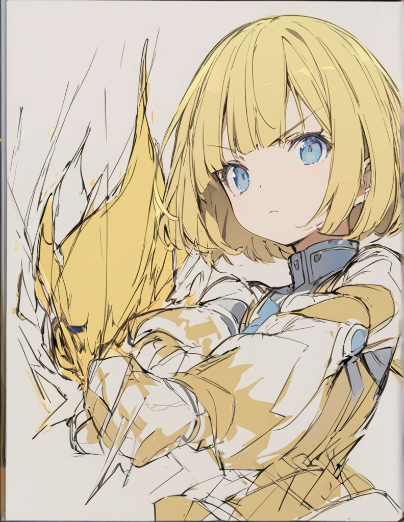 A girl fighting with golden flames(Sketches), (Open Close), (Small body), (Blonde:1.5) (Short Bob Hair:1.4), (Blue eyes)輝く