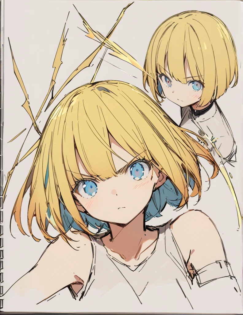 A girl fighting with golden flames(Sketches), (Open Close), (Small body), (Blonde:1.5) (Short Bob Hair:1.4), (Blue eyes)輝く