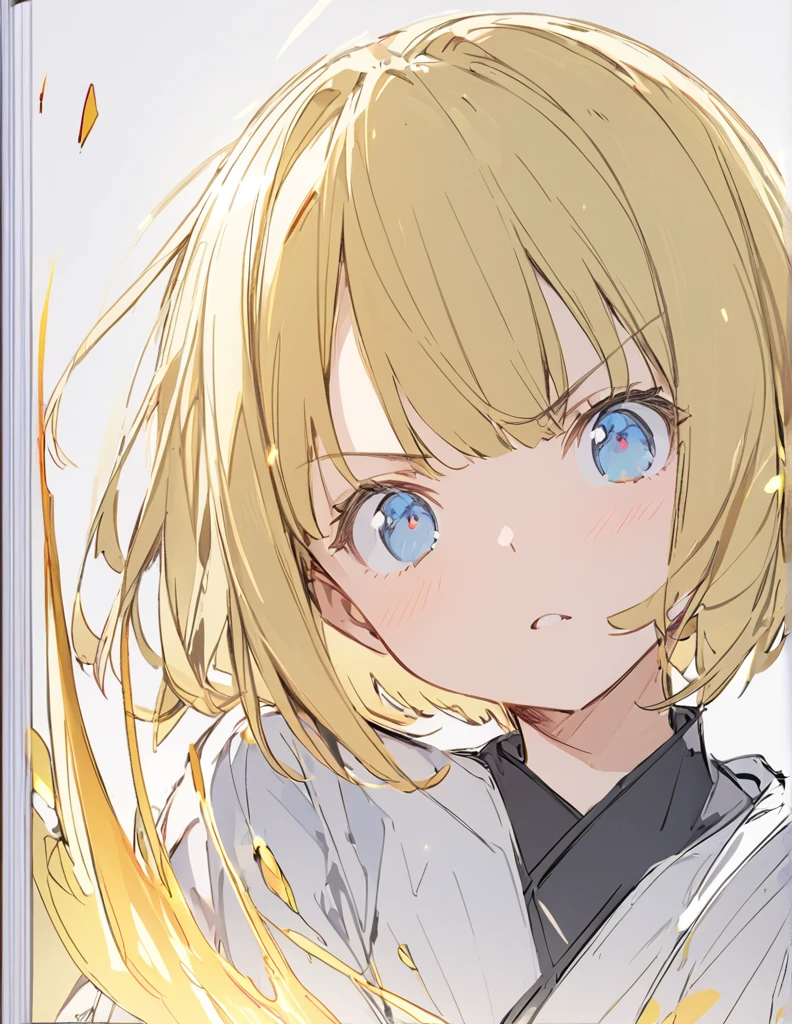 A girl fighting with golden flames(Sketches), (Open Close), (Small body), (Blonde:1.5) (Short Bob Hair:1.4), (Blue eyes)輝く