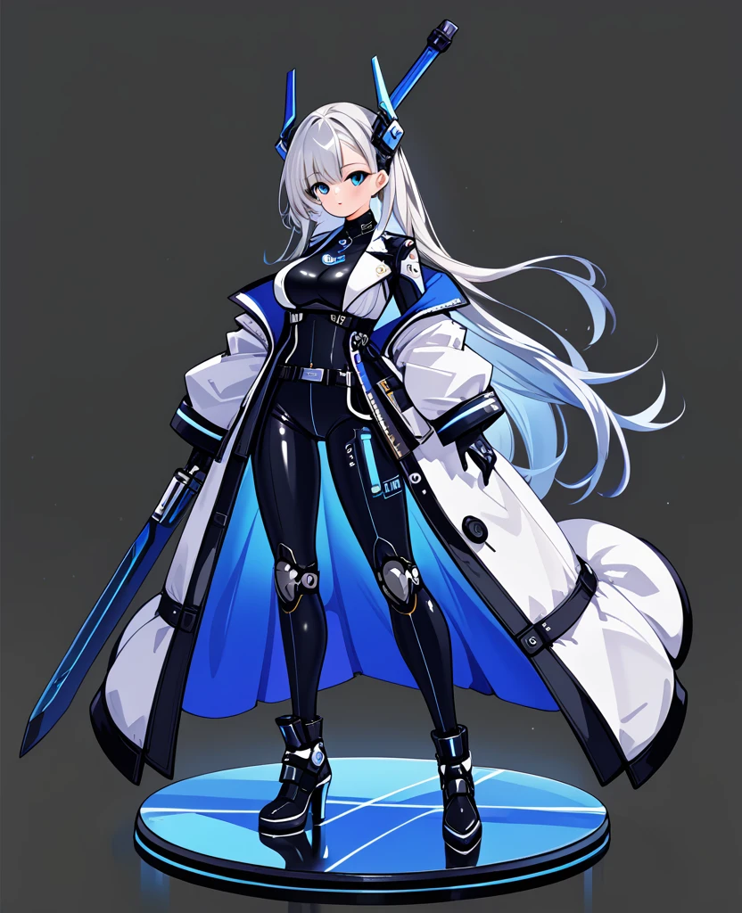(best quality, masterpiece, ultra high-resolution, ultra-detailed: 1.2),
engineering drawing, thin line pen drawing, dark, futuristic silhouette of white dragon cyborg girl,full body, detailed face, long flowing coat, holding giant greatsword with mechanical gimmick blade, standing on reflective surface against minimalist light grey background
