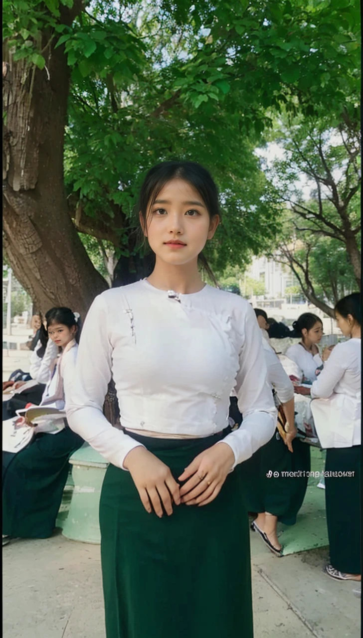 3 school teachers is 30years old.Tall, thin, big hips, big breasts, black hair, small lips, brown eyes, attractive, K.Top=white Burmese blouse,With long sleeves,Buttoned at the side.Bottom=(Dark green) long skirt.
Footwear=female Burmese sandals,The hair is knotted bun.Hijab