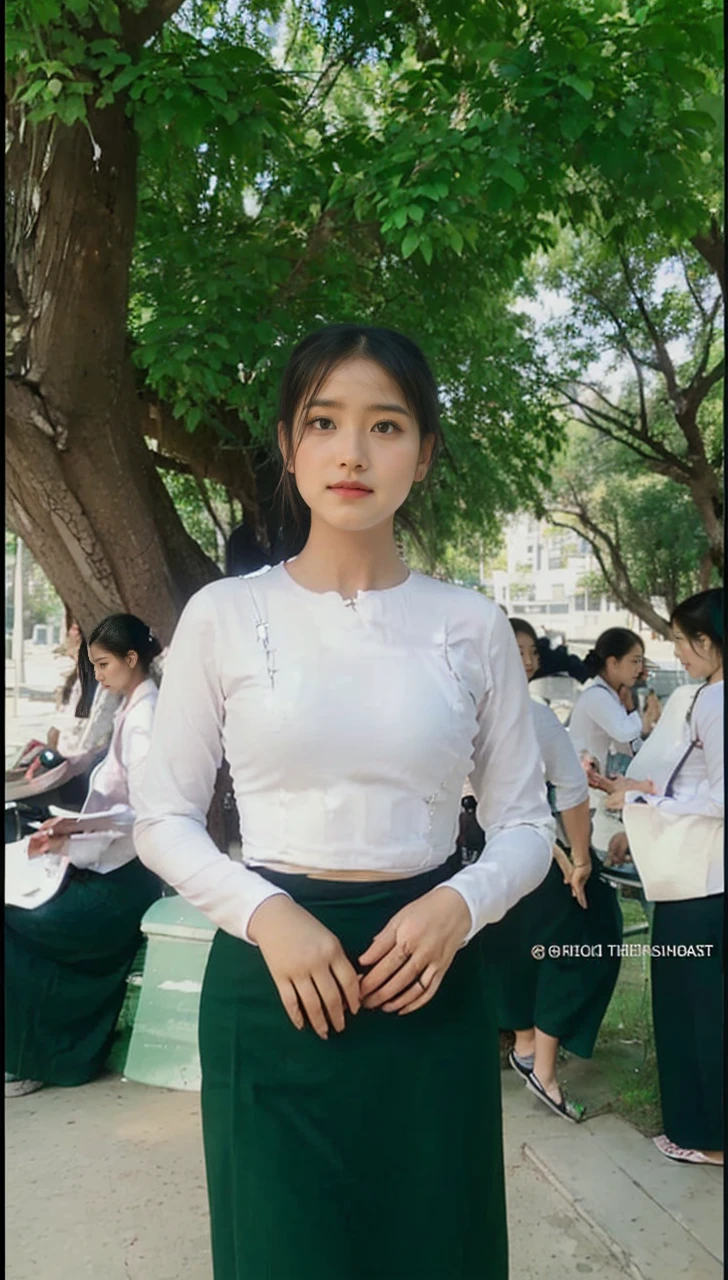 3 school teachers is 30years old.Tall, thin, big hips, big breasts, black hair, small lips, brown eyes, attractive, K.Top=white Burmese blouse,With long sleeves,Buttoned at the side.Bottom=(Dark green) long skirt.
Footwear=female Burmese sandals,The hair is knotted bun.Hijab