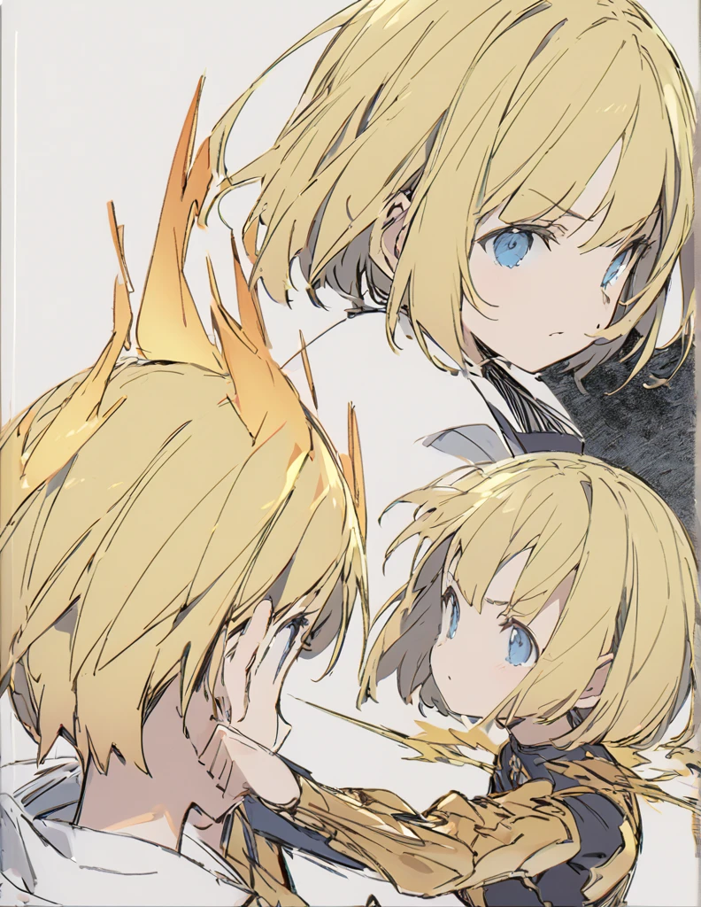 A girl fighting with golden flames(Sketches), (Open Close), (Small body), (Blonde:1.5) (Short Bob Hair:1.4), (Blue eyes)輝く 戦う
