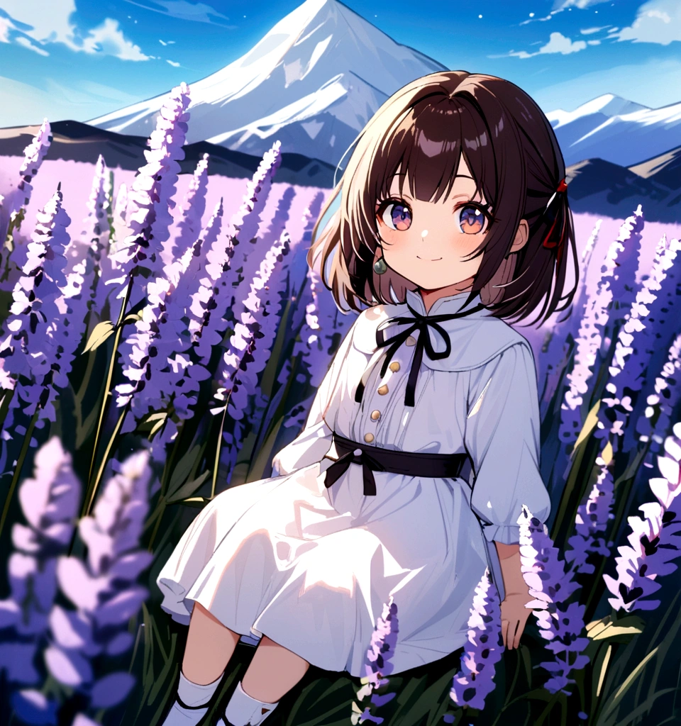 A 6  girl is sitting in a lavender field, smile, blue sky, Baiyun, Fir Mountain,cute.