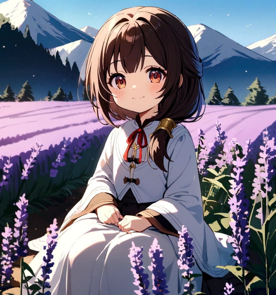A 6 girl is sitting in a lavender field, smile, blue sky, Baiyun, Fir Mountain,cute.