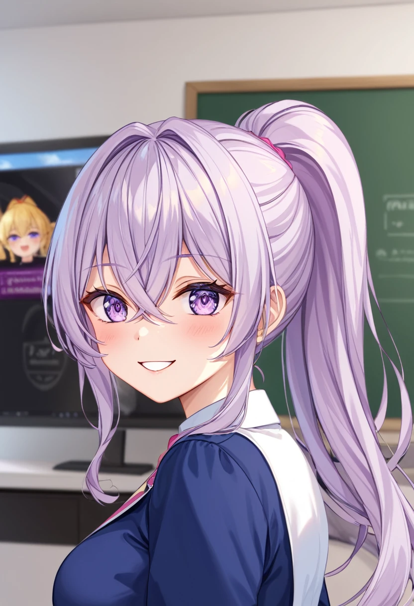 (((masterpiece)))(((Highest quality)))(((8K)))(((4K)))One Little Girl、12 years old、Straight Hair、Pink high ponytail、Crossed bangs、Light purple eyes、Squint your eyes、smile、Cute JK Uniform、Diagonally 、turn around、Upper Body、Anime Style、
