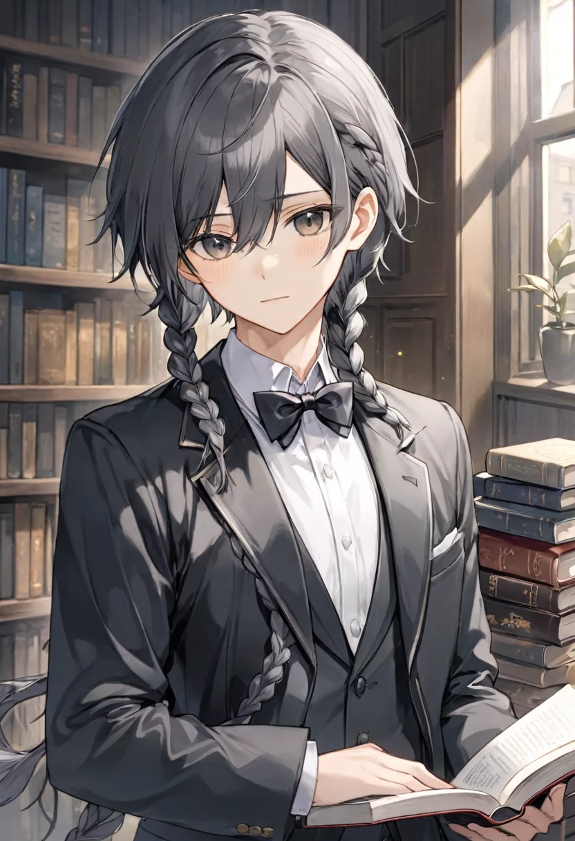 solo, looking at viewer, shirt, black hair, long sleeves, 1boy, bow, holding, jacket, white shirt, upper body, braid, gray hair, male focus, bowtie, black jacket, book, single braid, black bow, formal