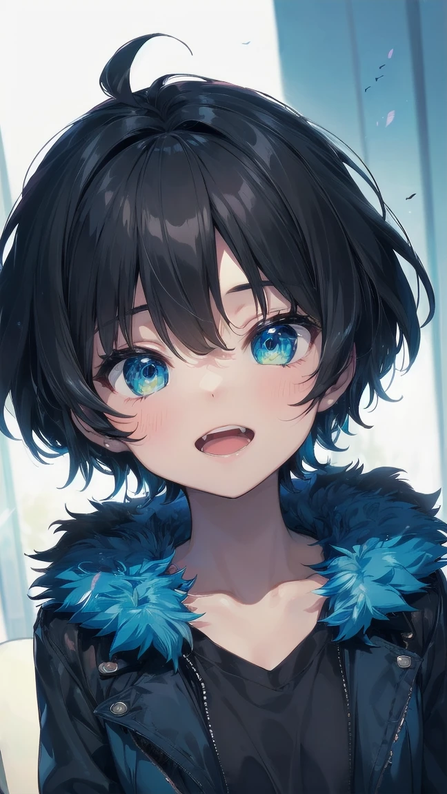 Close-up of a cartoon girl with blue hair and a yellow shirt, 2D Animation, 2D Animation style, 2D Art, 2D Art, 2D from Gorillaz, 2D from Gorillaz, 2D Gorillaz, Screaming Cerket, 2D Sprites, Jinx Face, short hair, Small breasts, hot pants, ((Black Hair, Bright blue fur inside:1.4))