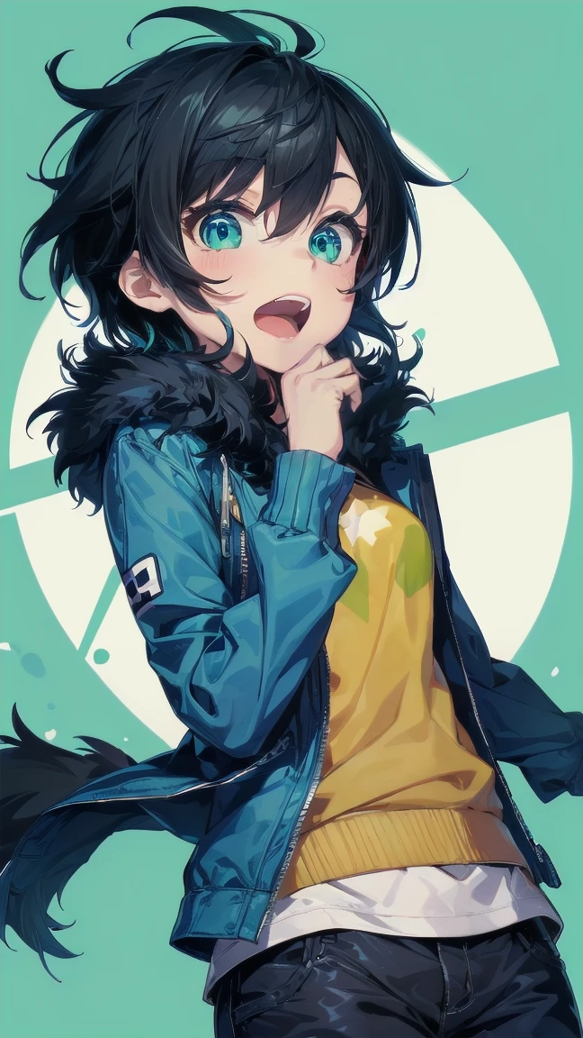 Close-up of a cartoon girl with blue hair and a yellow shirt, 2D Animation, 2D Animation style, 2D Art, 2D Art, 2D from Gorillaz, 2D from Gorillaz, 2D Gorillaz, Screaming Cerket, 2D Sprites, Jinx Face, short hair, Small breasts, hot pants, ((Black Hair, Bright blue fur inside:1.4))