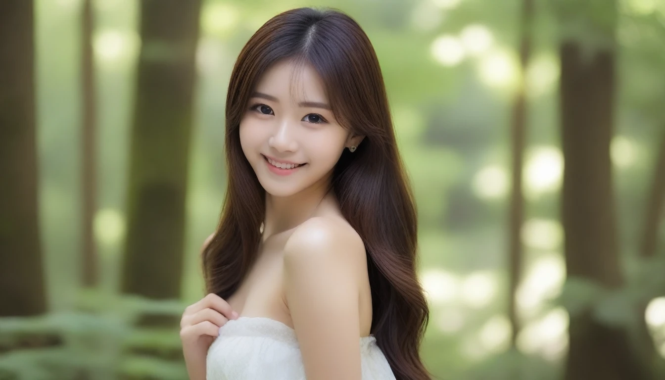 8K, Ultra-high resolution, Highest quality, masterpiece, 三分割法によるphotograph,Surreal, photograph, 1 girl, (16 years old:1.3), pretty girl, Cute face, Beautiful eyes in every detail, 細かくdetailedに,masterpiece,, One Girl:1.2, Japan Female Announcer,whole body,Young Wife,Girl with her back to the camera, evening, forest、Full of cleanliness,A carefree smile,Healing the heart,Semi-long layered hair,Looking at the audience、beauty,Long neck、Laugh a little、Please close your mouth and laugh、(((Ideal body type))),A-cup small breasts :2,、Portraiture:2、Perfect Anatomy、鮮明なdetailed、detailed、Surreal、Light and shadow,Strong light