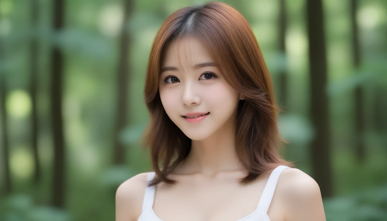 8K, Ultra-high resolution, Highest quality, masterpiece, 三分割法によるphotograph,Surreal, photograph, 1 girl, (16 years old:1.3), pretty girl, Cute face, Beautiful eyes in every detail, 細かくdetailedに,masterpiece,, One Girl:1.2, Japan Female Announcer,whole body,Young Wife,Girl with her back to the camera, evening, forest、Full of cleanliness,A carefree smile,Healing the heart,Semi-long layered hair,Looking at the audience、beauty,Long neck、Laugh a little、Please close your mouth and laugh、(((Ideal body type))),A-cup small breasts :2,、Portraiture:2、Perfect 、鮮明なdetailed、detailed、Surreal、Light and shadow,Strong light