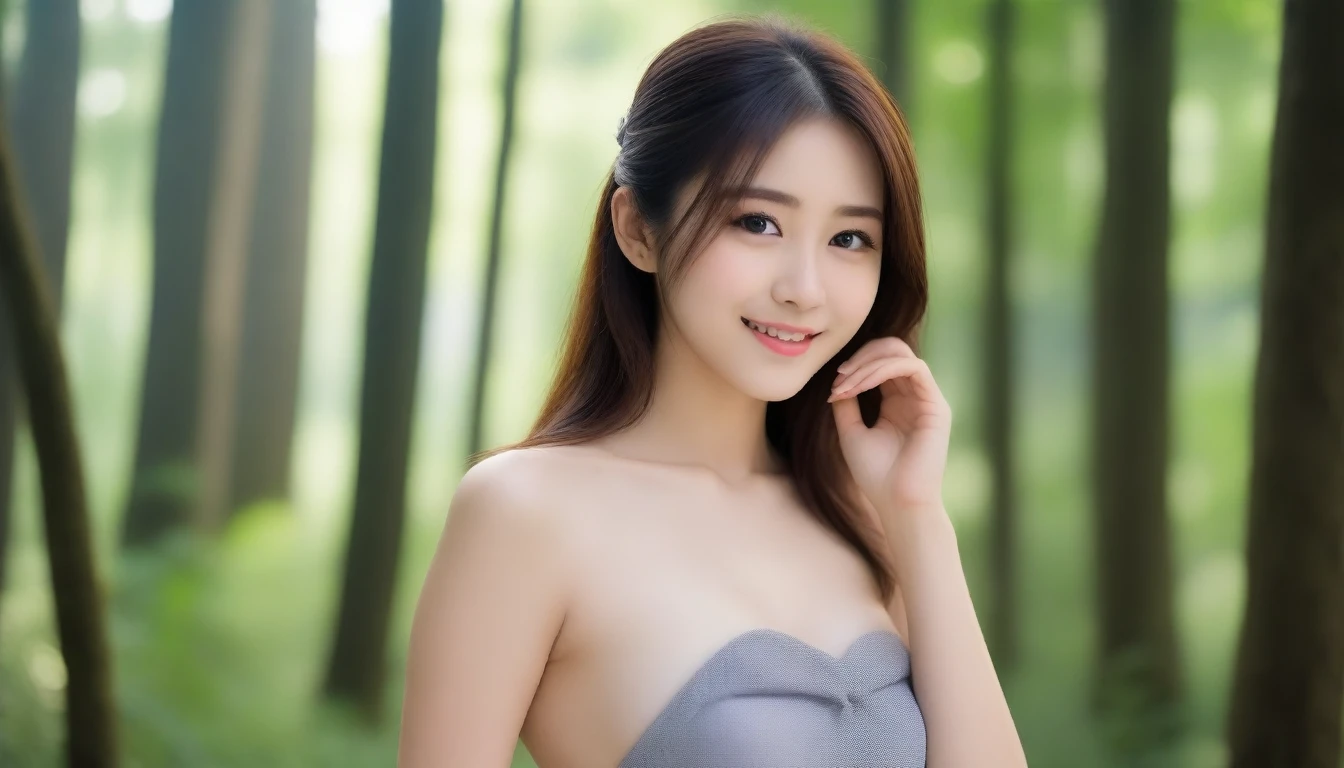 8K, Ultra-high resolution, Highest quality, masterpiece, 三分割法によるphotograph,Surreal, photograph, 1 girl, (16 years old:1.3), pretty girl, Cute face, Beautiful eyes in every detail, 細かくdetailedに,masterpiece,, One Girl:1.2, Japan Female Announcer,whole body,Young Wife,Girl with her back to the camera, evening, forest、Full of cleanliness,A carefree smile,Healing the heart,Semi-long layered hair,Looking at the audience、beauty,Long neck、Laugh a little、Please close your mouth and laugh、(((Ideal body type))),A-cup small ??????? :2,、Portraiture:2、Perfect ???????、鮮明なdetailed、detailed、Surreal、Light and shadow,Strong light