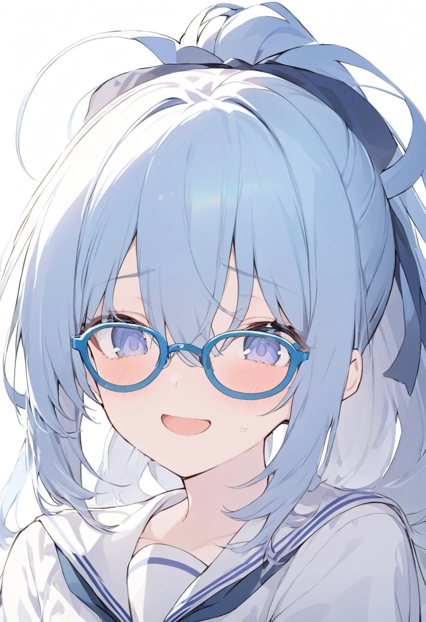 Blue Glasses　Light blue hair　girl　ponytail　Laughter　　Mostly faces　　Face close-up　Highest quality　傑作 Blue Glasses　Blue Glasses　1 female