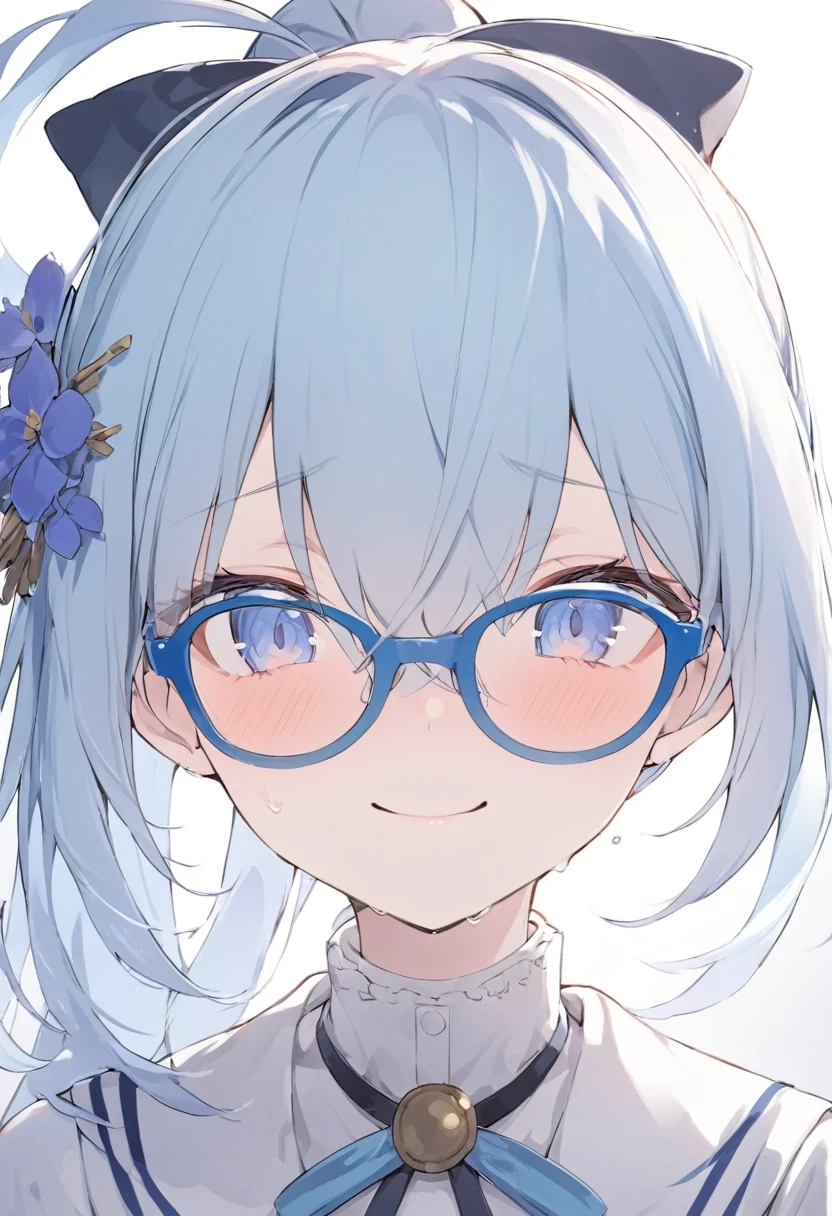 Blue Glasses Light blue hair girl ponytail Laughter Middle school students Mostly faces Face close-up Highest quality 傑作 Blue Glasses Blue Glasses