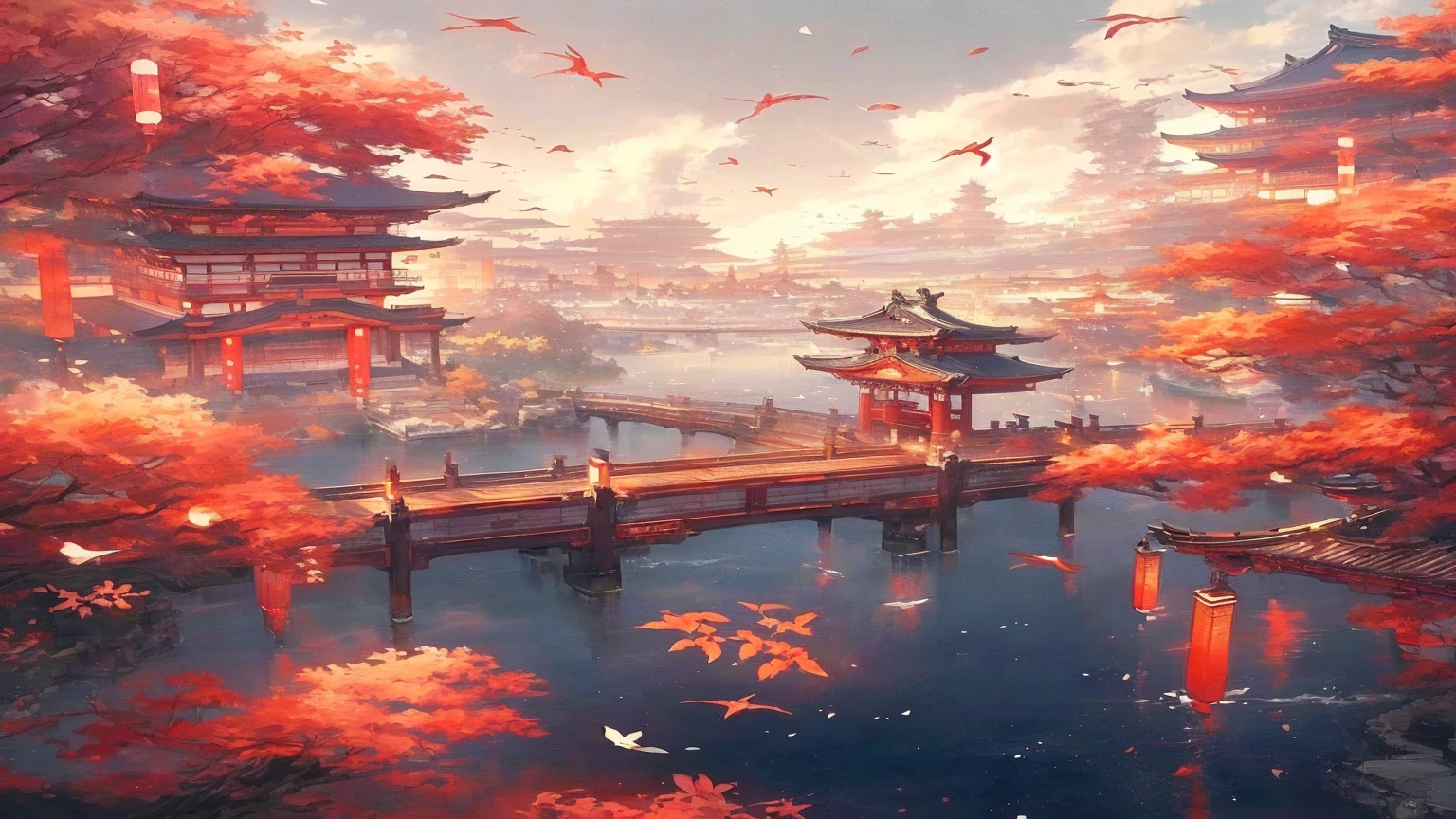 There is a painting,There is a bridge across the water in the painting, Japanese cities, Anime Art Wallpaper 4K, Anime Art Wallpaper 4K, Beautiful art UHD 4K, Ross Chen. Landscape background, anime art wallpaper 8 k, Japanese art style, Anime style 4K, Anime Wallpaper 4K, Anime Wallpaper 4K, 8k high quality detailed art