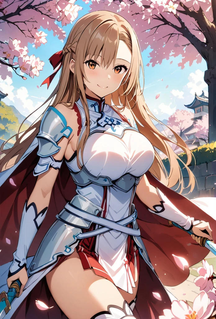 alone, 1 Girl, Asuna, salary, keep, arms, Focus on women, sword, Cape, armor, Lambent Light, Handguard, sheath,  armor, full armor, A soft smile，Cherry blossoms blooming all over the place，Falling cherry blossom petals background　(((masterpiece)))， ((Highest quality))， ((Intricate details))　(8K)