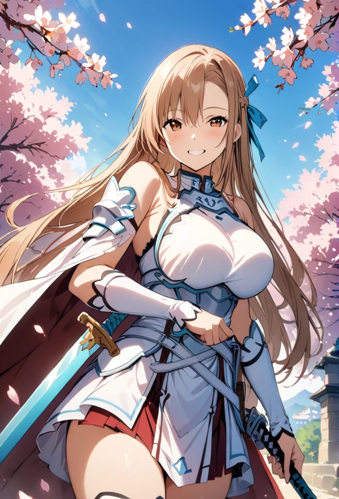 alone, 1 Girl, Asuna, salary, keep, arms, Focus on women, sword, Cape, armor, Lambent Light, Handguard, sheath,  armor, full armor, A soft smile，Cherry blossoms blooming all over the place，Falling cherry blossom petals background　(((masterpiece)))， ((Highest quality))， ((Intricate details))　(8K)