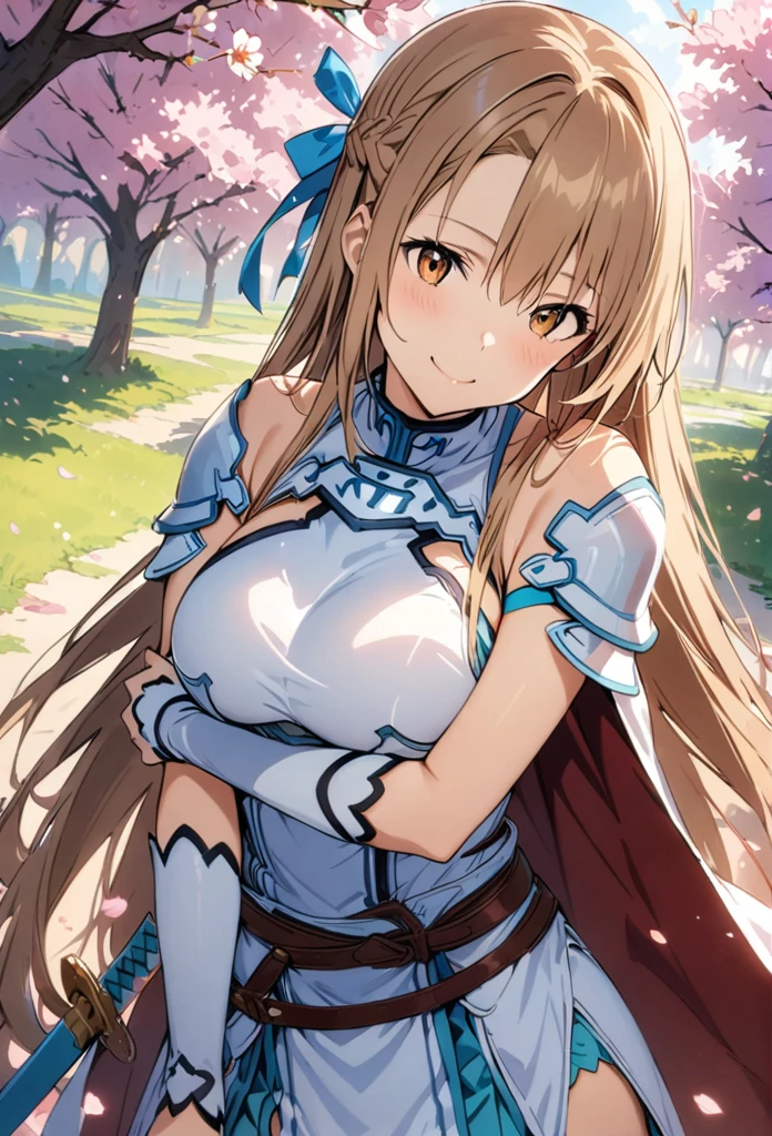 alone, 1 Girl, Asuna, salary, keep, arms, Focus on women, sword, Cape, armor, Lambent Light, Handguard, sheath,  armor, full armor, A soft smile，Cherry blossoms blooming all over the place，Falling cherry blossom petals background　(((masterpiece)))， ((Highest quality))， ((Intricate details))　(8K)