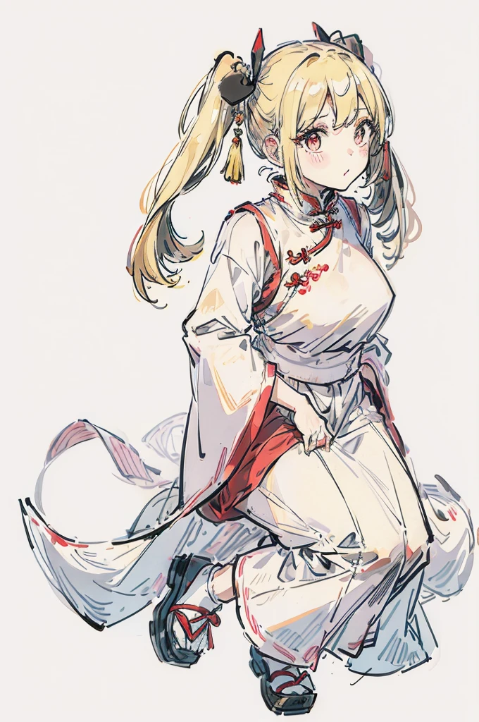 Cute Girls　Landmine makeup　Mass production type　Half-up twin tails　White background　fullbody　Blonde hair, Chinese clothes