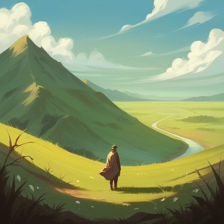 Create a photorealistic image of an anime boy standing on a hill. The scene should be detailed and lifelike, with the boy gazing into the distance. The landscape should include lush green grass, a few scattered wildflowers, and a clear blue sky with soft clouds. The lighting should be natural, giving the scene a serene and peaceful ambiance.