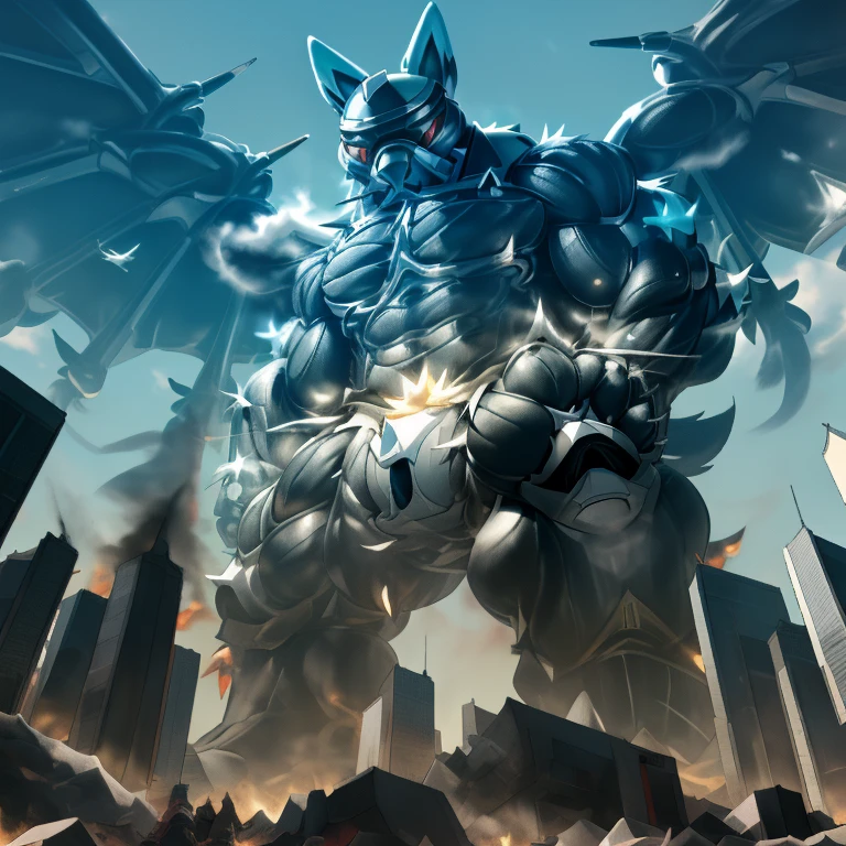 (masterpiece. official art. 8k. best quality. detailed full body. full body.)
(situation 1 : dominating LUCARIO. focus GIANT mechanical Muscular LUCARIO is trampling the CITY. macro. stomp. Low-angle perspective. emphasizing the immense size. The perspective is from below, emphasizing the sheer majesty and power of the Giant. giant art. He is much bigger than a skyscraper. Giga Giants. micro soccer field. looking down.)

(situation 2 :smoke and flames rising from the destruction in the city)

(Additional details 1: wearing a full-face helmet. helmet is jet black. The color of NANOSUIT is jet black. high-tech bio-mecha armor. real texture material. whole body shines like metal. Wearing cyberpunk mecha. emphasizes the muscles. suit fully made of metal. intricate armor. Robotic suit. suit fully made of metal. NANOSUIT with the same design as LUCARIO.). (Lucario has 5 toes.)

(Additional details 2: (Detailed head. Detailed Body. Detailed abs. gigantic muscles. HYPER MUSCLES. Gigachad Muscular. big muscle. pecs. triceps. traps. unusually developed muscular body. body full of huge muscles. showing off muscles. pectorales enormes. Exaggeratedly huge muscles. huge muscles. long legs.).

(Additional details 3: nj5furry, Spread wings. It has wings. black have big wings. The claws are sharp. Sharp teeth.5 toes.). 