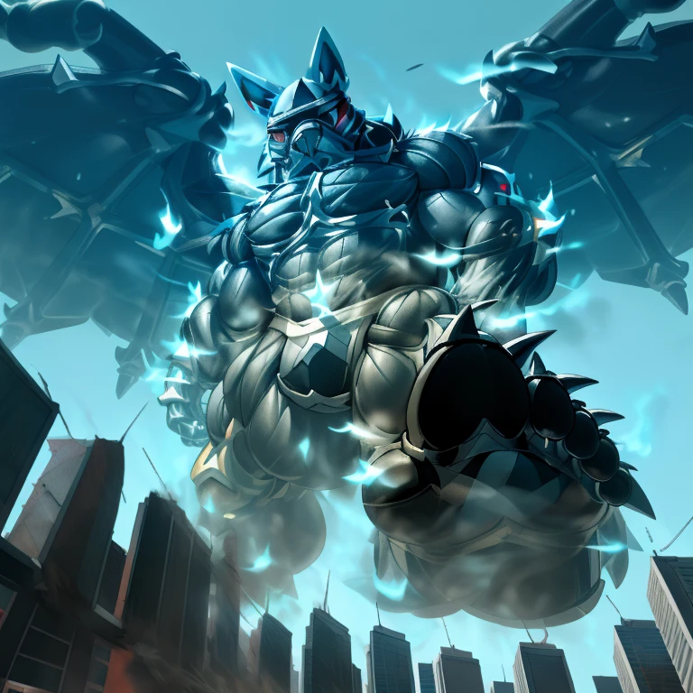 (masterpiece. official art. 8k. best quality. detailed full body. full body.)
(situation 1 : dominating LUCARIO. focus GIANT mechanical Muscular LUCARIO is trampling the CITY. macro. stomp. Low-angle perspective. emphasizing the immense size. The perspective is from below, emphasizing the sheer majesty and power of the Giant. giant art. He is much bigger than a skyscraper. Giga Giants. micro soccer field. looking down.)

(situation 2 :smoke and flames rising from the destruction in the city)

(Additional details 1: wearing a full-face helmet. helmet is jet black. The color of NANOSUIT is jet black. high-tech bio-mecha armor. real texture material. whole body shines like metal. Wearing cyberpunk mecha. emphasizes the muscles. suit fully made of metal. intricate armor. Robotic suit. suit fully made of metal. NANOSUIT with the same design as LUCARIO.). (Lucario has 5 toes.)

(Additional details 2: (Detailed head. Detailed Body. Detailed abs. gigantic muscles. HYPER MUSCLES. Gigachad Muscular. big muscle. pecs. triceps. traps. unusually developed muscular body. body full of huge muscles. showing off muscles. pectorales enormes. Exaggeratedly huge muscles. huge muscles. long legs.).

(Additional details 3: nj5furry, Spread wings. It has wings. black have big wings. The claws are sharp. Sharp teeth.5 toes.). 