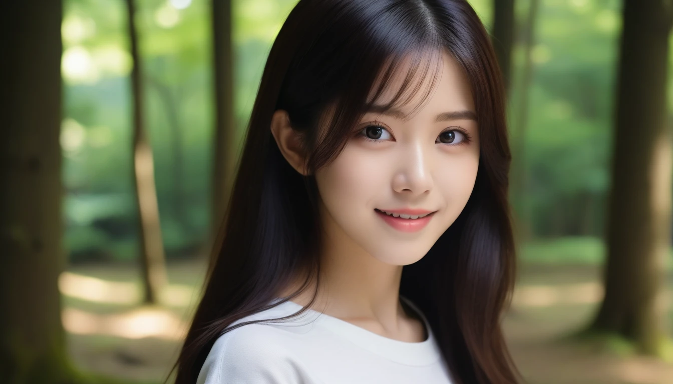 8K, Ultra-high resolution, Highest quality, masterpiece, 三分割法によるphotograph,Surreal, photograph, 1 girl, (16 years old:1.3), pretty girl, Cute face, Beautiful eyes in every detail, 細かくdetailedに,masterpiece,, One Girl:1.2, Japan Female Announcer,whole body,Young Wife,Girl with her back to the camera, evening, forest、Full of cleanliness,A carefree smile,Healing the heart,Semi-long layered hair,Looking at the audience、beauty,Long neck、Laugh a little、Please close your mouth and laugh、(((Ideal body type))),A-cup small breasts :2,、Portraiture:2、Perfect Anatomy、鮮明なdetailed、detailed、Surreal、Light and shadow,Strong light