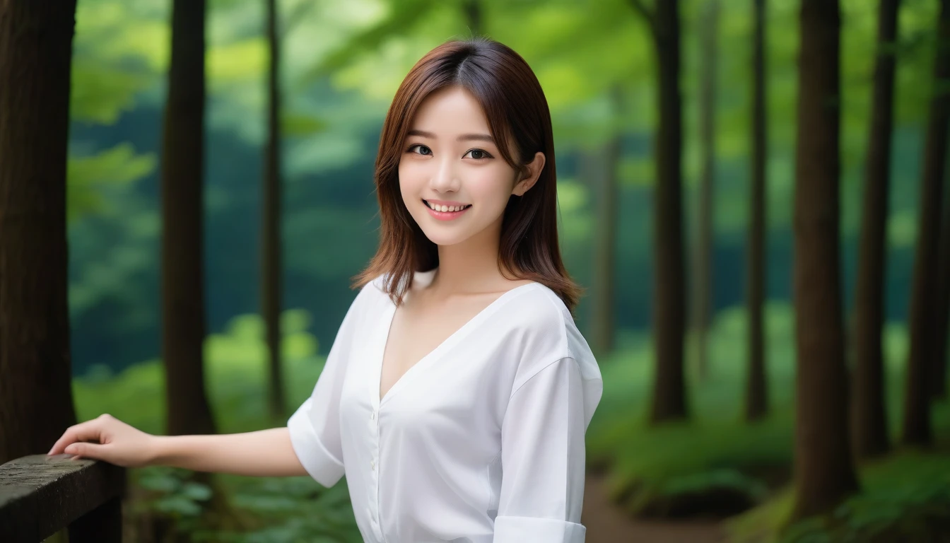 8K, Ultra-high resolution, Highest quality, masterpiece, 三分割法によるphotograph,Surreal, photograph, 1 girl, (16 years old:1.3), pretty girl, Cute face, Beautiful eyes in every detail, 細かくdetailedに,masterpiece,, One Girl:1.2, Japan Female Announcer,whole body,Young Wife,Girl with her back to the camera, evening, forest、Full of cleanliness,A carefree smile,Healing the heart,Semi-long layered hair,Looking at the audience、beauty,Long neck、Laugh a little、Please close your mouth and laugh、(((Ideal body type))),A-cup small breasts :2,、Portraiture:2、Perfect Anatomy、鮮明なdetailed、detailed、Surreal、Light and shadow,Strong light