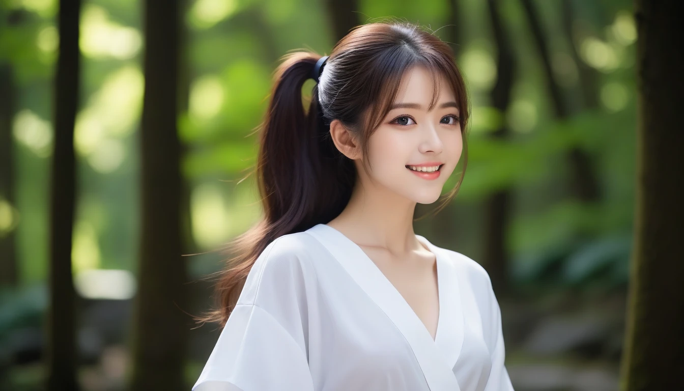8K, Ultra-high resolution, Highest quality, masterpiece, 三分割法によるphotograph,Surreal, photograph, 1 girl, (16 years old:1.3), pretty girl, Cute face, Beautiful eyes in every detail, 細かくdetailedに,masterpiece,, One Girl:1.2, Japan Female Announcer,whole body,Young Wife,Girl with her back to the camera, evening, forest、Full of cleanliness,A carefree smile,Healing the heart,Semi-long layered hair,Looking at the audience、beauty,Long neck、Laugh a little、Please close your mouth and laugh、(((Ideal body type))),A-cup small breasts :2,、Portraiture:2、Perfect Anatomy、鮮明なdetailed、detailed、Surreal、Light and shadow,Strong light