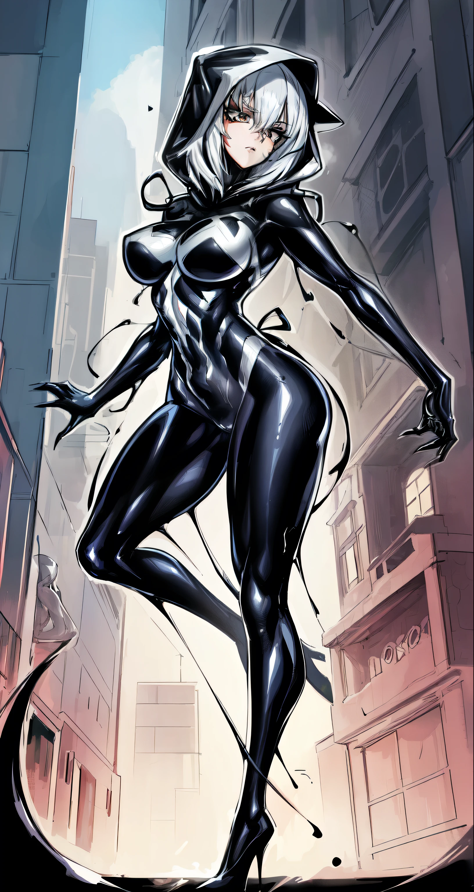 ((best quality)), (highly detailed:1.2), masterpiece, ((official art)),1girl, solo,beautiful face,
symbiote,spider gwen,SVGM,hood, completely black clothing, looking to the side, body to the side, the body is to the side, she's standing, pernas abertas, bernas grossas, bunda grande, peitos grandes