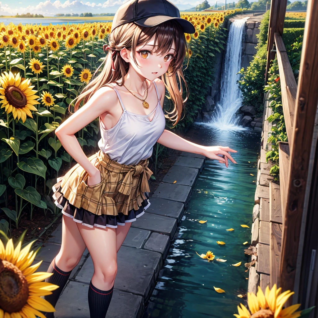 Red, brown, gold, gold hair、Golden Eyes、Hair tied up、One good looking girl、solo、anime、Checkered mini skirt、Ruffles on the skirt、camisole、camisole、Lightweight cardigan、Black knee-high socks、Wearing a baseball cap、Ribbon、Ribbon on waist、Teeth are visible、Sunset sky、Cumulonimbus、Silver coin necklace、shine、From above、Sparks are flying、tunnel、Cobblestones、Hands in pockets、waterfall、Clear Stream、Sunflower field