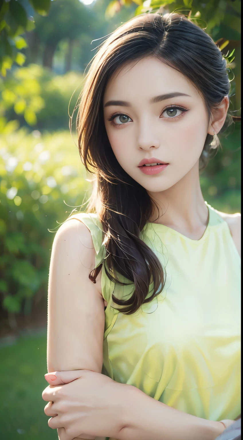 Fashion model 18 years old [[[[melee cleavage]]]], [[[[reach a peak]]]], [[[[rapeseed]]]], [[[[bshoulder]]]], perfect eyes, perfect iris，perfect lips，perfect teeth，perfect skin，With fair skin，high dynamic range，Movie Girl，(delicate face)，(highly defined face)，pink casual wear，The background is a green tree，fresh flowers，4K Ultra HD, ultra high resolution, (In reality: 1.4), best quality best，masterpiece，（pastel colors：1.2）