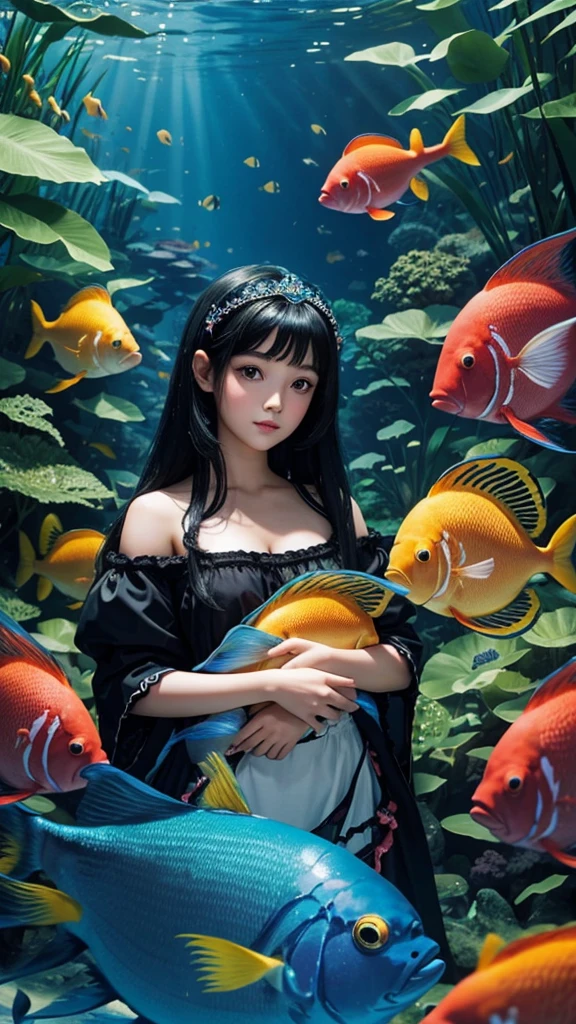 A beautiful black-haired doll princess surrounded by tropical fish