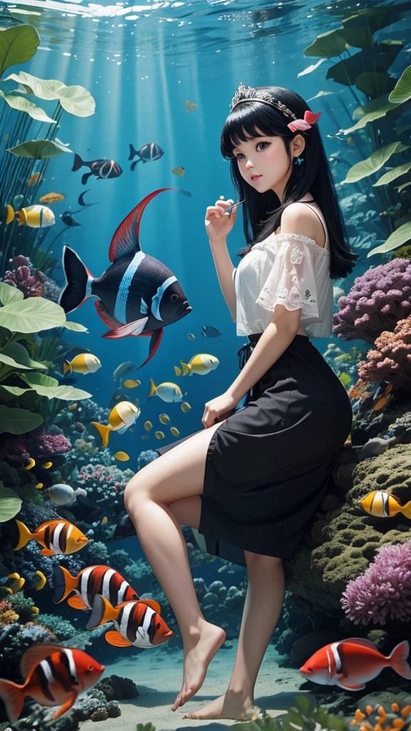A beautiful black-haired doll princess surrounded by tropical fish
