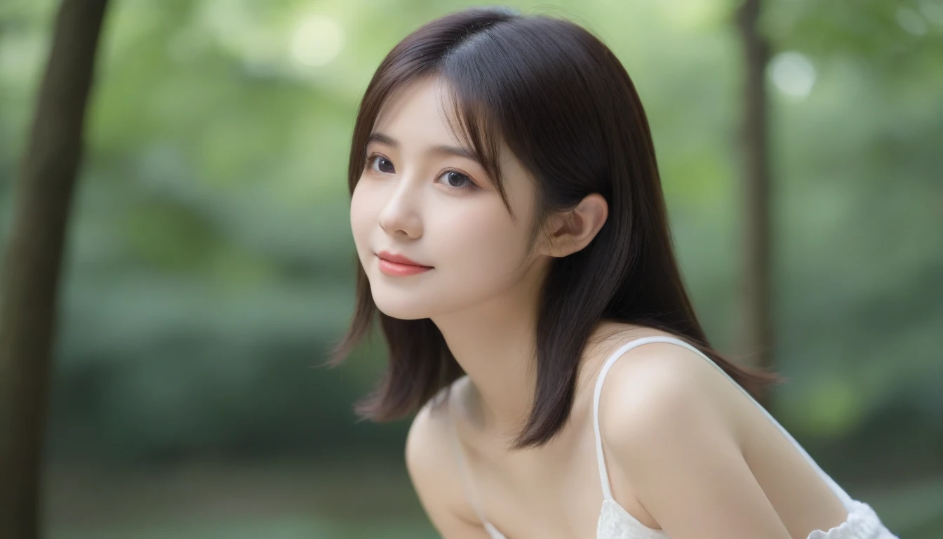 8K, Ultra-high resolution, Highest quality, masterpiece, 三分割法によるphotograph,Surreal, photograph, 1 girl, (:1.3), pretty girl, Cute face, Beautiful eyes in every detail, 細かくdetailedに,masterpiece,, One Girl:1.2, Japan Female Announcer,whole body,Young Wife,Girl with her back to the camera, evening, forest、Full of cleanliness,A carefree smile,Healing the heart,Semi-long layered hair,Looking at the audience、beauty,Long neck、Laugh a little、Please close your mouth and laugh、(((Ideal body type))),A-cup small breasts :2,、Portraiture:2、Perfect Anatomy、鮮明なdetailed、detailed、Surreal、Light and shadow,Strong light