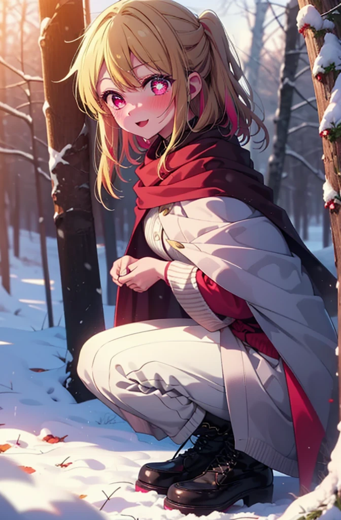 rubyhoshino, Hoshino Ruby, Long Hair, bangs, Blonde, (Pink Eyes:1.3), Side Lock, (Symbol-shaped pupil:1.5), Multicolored Hair, Two-tone hair, smile,,smile,blush,White Breath,
Open your mouth,snow,Ground bonfire, Outdoor, boots, snowing, From the side, wood, suitcase, Cape, Blurred, , forest, White handbag, nature, Squat, Mouth closed, Cape, winter, Written boundary depth, Black shoes, red Cape break looking at viewer, Upper Body, whole body, break Outdoor, forest, nature, break (masterpiece:1.2), Highest quality, High resolution, unity 8k wallpaper, (shape:0.8), (Beautiful and beautiful eyes:1.6), Highly detailed face, Perfect lighting, Highly detailed CG, (Perfect hands, Perfect Anatomy),