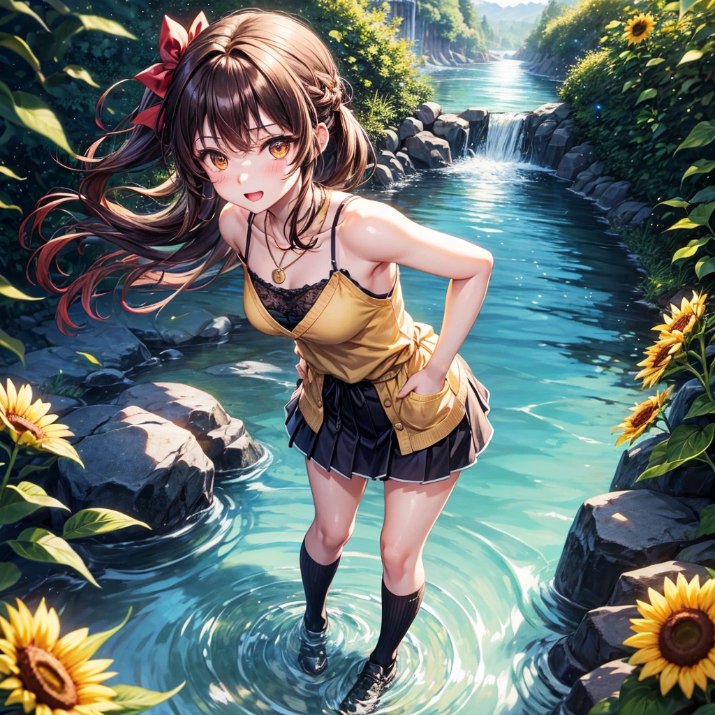 Red, brown, gold, gold hair、Golden Eyes、Hair tied up、One good looking girl、solo、anime、Checkered mini skirt、Ruffles on the skirt、camisole、camisole、Lightweight cardigan、Black knee-high socks、Wearing a baseball cap、Ribbon、Ribbon on waist、Teeth are visible、Sunset sky、Cumulonimbus、Silver coin necklace、shine、From above、Sparks are flying、tunnel、Cobblestones、Hands in pockets、waterfall、Clear Stream、Sunflower field