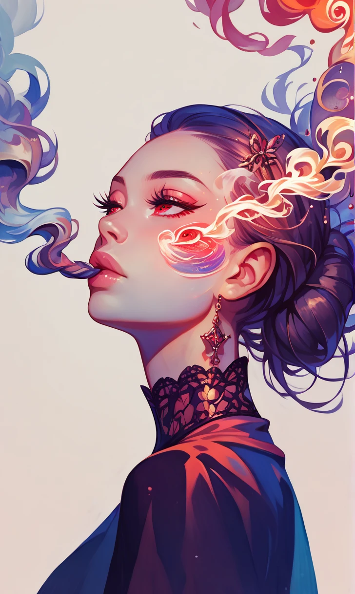 a girl in a vaporwave style, beautiful detailed eyes, beautiful detailed lips, extremely detailed face, long eyelashes, glitching, smoke, in tatters, solo, 1 girl, female, from the side, water, red eyes, simple background, (best quality,4k,8k,highres,masterpiece:1.2),ultra-detailed,(realistic,photorealistic,photo-realistic:1.37),HDR,UHD,studio lighting,ultra-fine painting,sharp focus,physically-based rendering,extreme detail description,professional,vivid colors,bokeh