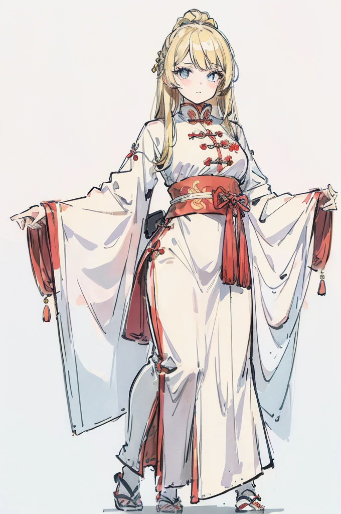 Cute Girls　Landmine makeup　Mass production type　　White background　fullbody　Blonde hair, Chinese clothes