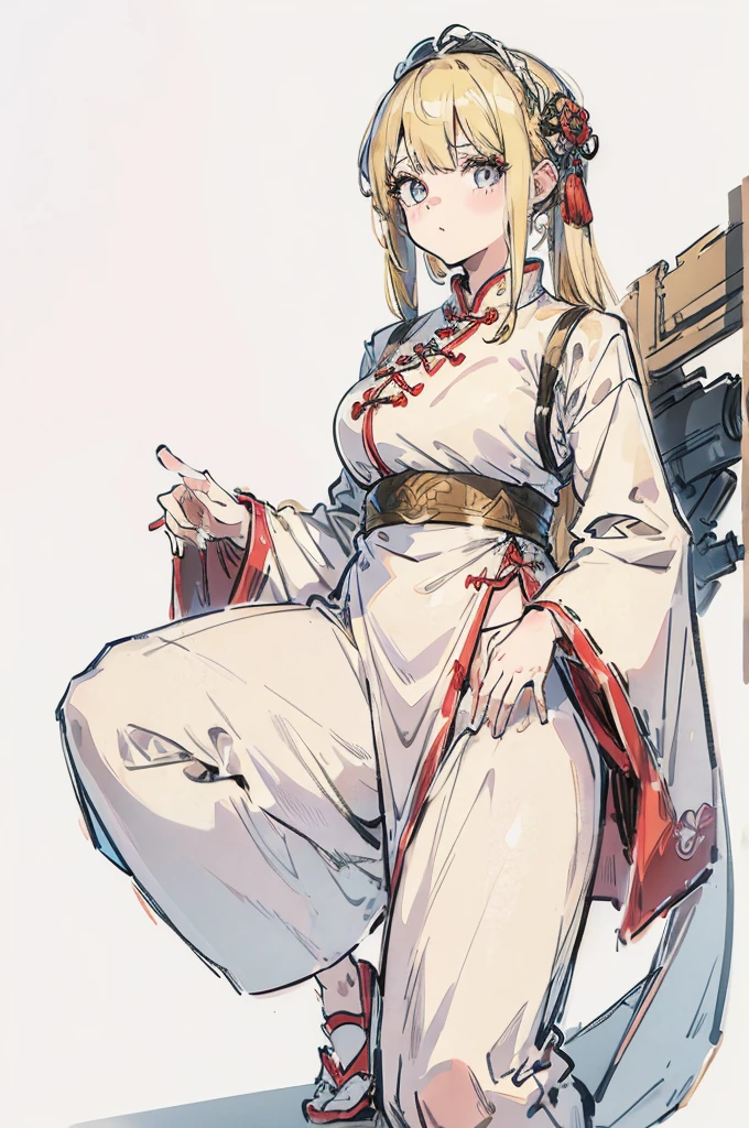 Cute Girls Landmine makeup Mass production type White background fullbody Blonde hair, Chinese clothes
