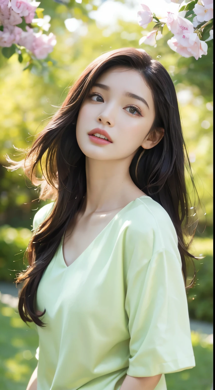 Fashion model 18 years old [[[[melee cleavage]]]], [[[[reach a peak]]]], [[[[rapeseed]]]], [[[[bshoulder]]]], perfect eyes, perfect iris，perfect lips，perfect teeth，perfect skin，With fair skin，high dynamic range，Movie Girl，(delicate face)，(highly defined face)，pink casual wear，The background is a green tree，fresh flowers，4K Ultra HD, ultra high resolution, (In reality: 1.4), best quality best，masterpiece，（pastel colors：1.2）