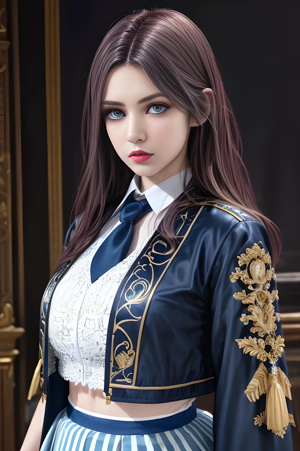 1girl,The upper body is a dark blue short-sleeved suit jacket, paired with a white shirt and a black tie. The jacket is decorated with white stripes, which adds a sense of fashion and layering. The lower body is a dark blue skirt that matches the jacket, ,beautiful detailed eyes, beautiful detailed lips, extremely detailed eyes and face, long eyelashes, best quality, 4k, 8k, highres, masterpiece, ultra-detailed, realistic, photorealistic, photo-realistic, ethereal glow, regal elegance, intricate details, luxurious, otherworldly beauty, dark atmospheric background, supernatural aura,  elise,