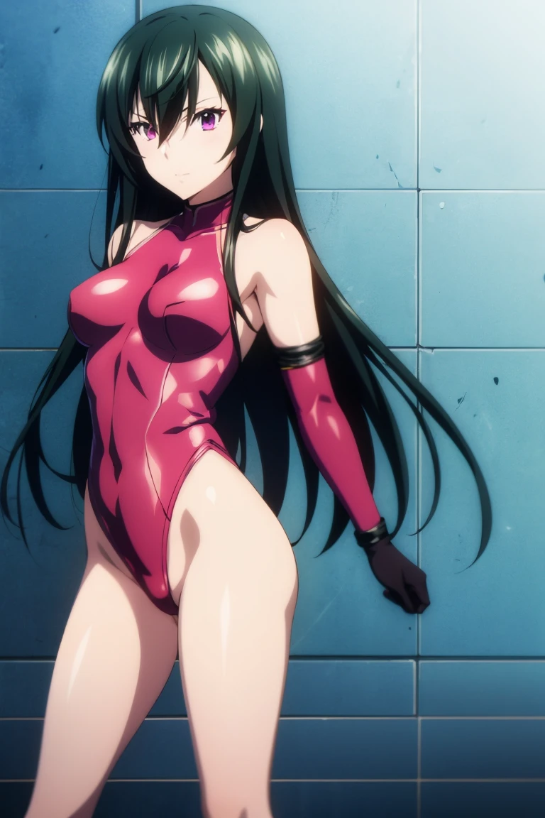 bondage, high leg leotard, messy hair, hairs between eyes, elbow gloves, thighighs, long hair, black hair, pink eyes, masterpiece, super fine illustration, beautiful, best quality, ultra high res, cg unity 8k wallpaper, 