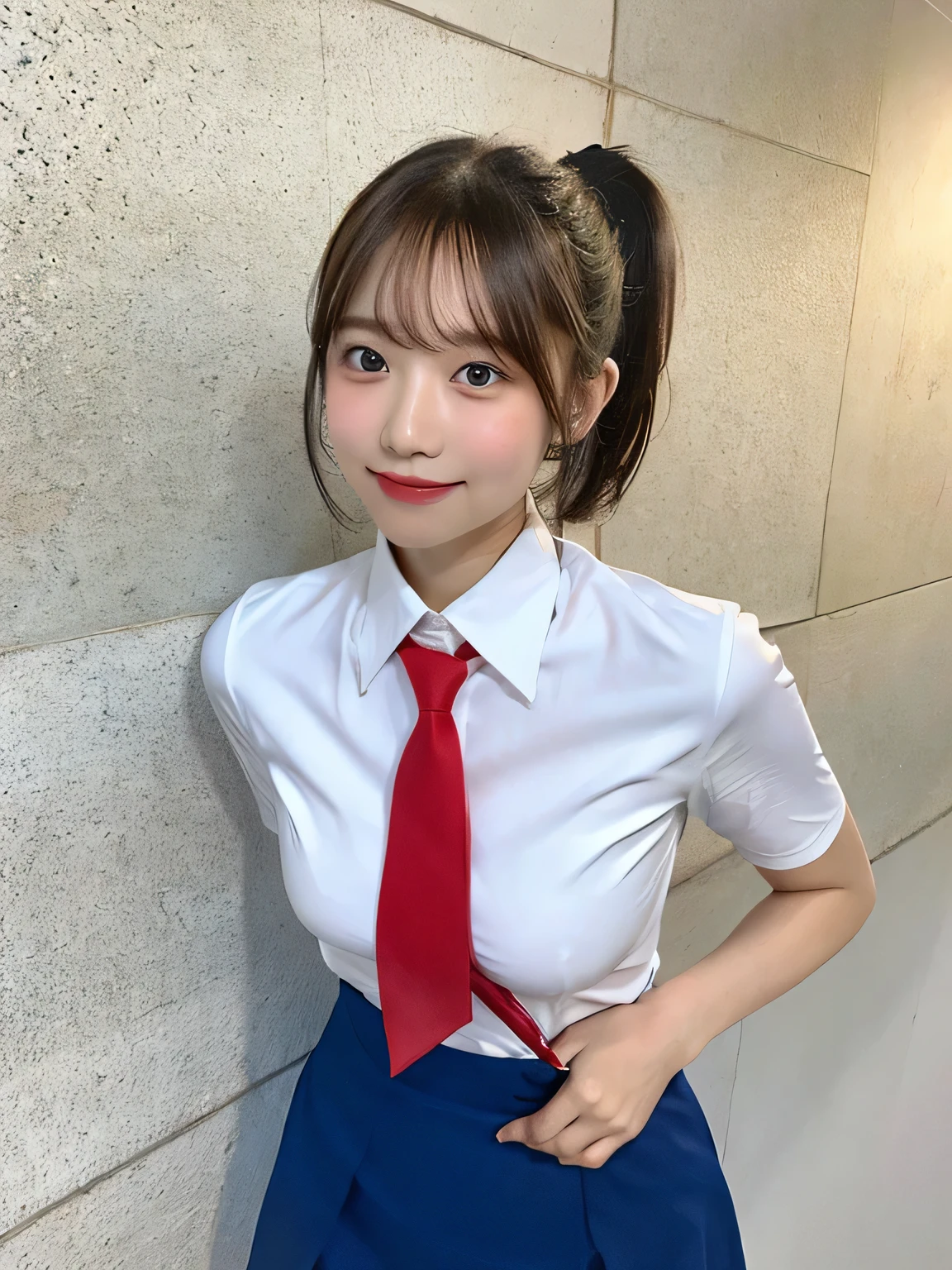 One person、14 years old、Full body photo、ponytail、slender、woman、White drool coming out of the mouth、smile、Very short hairstyle、 Fair skin, messy hair, super cute、Soft and Face、8K resolution、Surreal、Ultra high definition、 A-cup small breasts((Highest resolution、8K、masterpiece:1.3))、Ultra-fine face、Ultra Fine Lips、Beautiful Eyes、double eyelid,Light blue wall、Red tie、white shirt with open front、Red mini skirt、Thighs、thin,Thighsが見える、Shapely small breasts、
