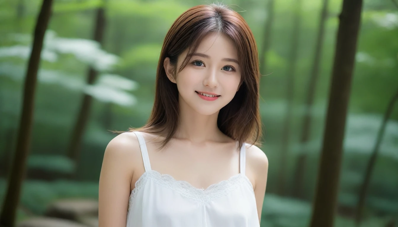 8K, Ultra-high resolution, Highest quality, masterpiece, 三分割法によるphotograph,Surreal, photograph, 1 girl, (16 years old:1.3), pretty girl, Cute face, Beautiful eyes in every detail, 細かくdetailedに,masterpiece,, One Girl:1.2, Japan Female Announcer,whole body,Young Wife,Girl with her back to the camera, evening, forest、Full of cleanliness,A carefree smile,Healing the heart,Semi-long layered hair,Looking at the audience、beauty,Long neck、Laugh a little、Please close your mouth and laugh、(((Ideal body type))),A-cup small breasts :2,、Portraiture:2、Perfect Anatomy、鮮明なdetailed、detailed、Surreal、Light and shadow,Strong light