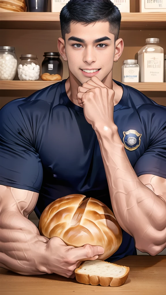 (handsome Man sitting on table eating bread ),(crew cut short hair:1.8),black eye,(Wear a fitted round neck t-shirt in navy with a police badge.:1.5),(fit neck),Navy blue jeans,(black_gloves:1.2), Korean guy,chest muscles,large arm muscles,blood vessel,Big muscles,Broad shoulders, (open mouth:1.2),(face up:1.2),(open eyes:1.5), middle of the road,smile, In the bread shop,